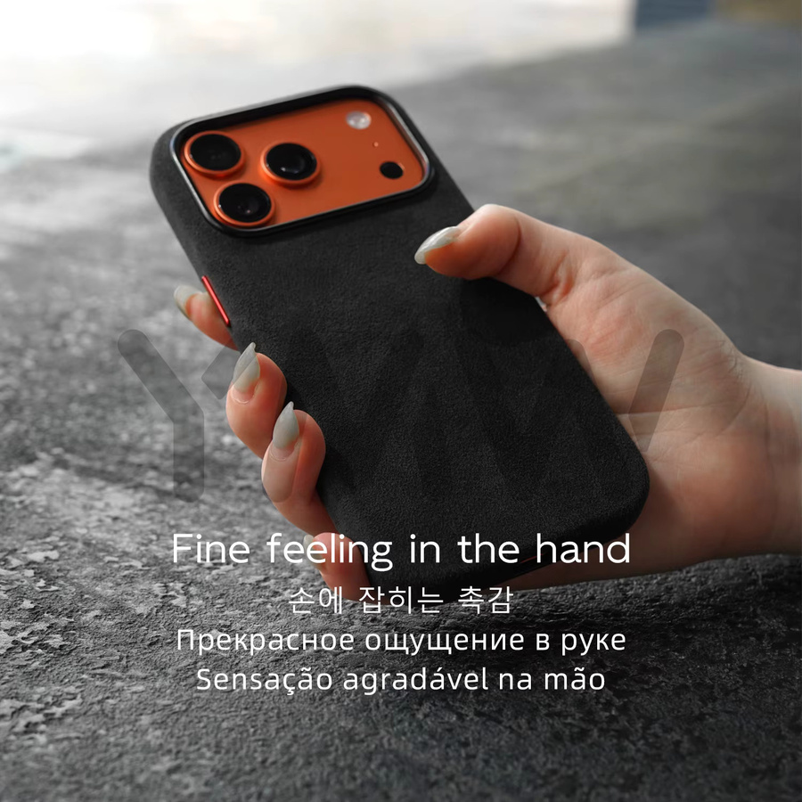Luxuriöse magnetische Alcantara Handyhülle für iPhone 17 16 Pro Max 15 14 mit Kameraknopf-Abdeckung in Orange - Bild 3