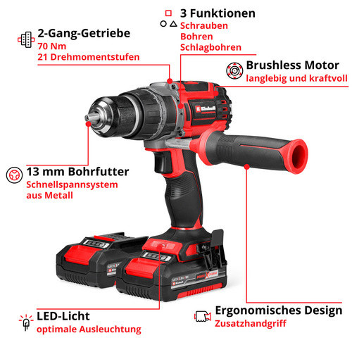 Einhell Professional Akku-Schlagbohrschrauber TP-CD 18/70 Li-i BL in Rot/Schwarz, 18 V, inklusive Ladegerät und 2x 2,0 Ah Akkus - Bild 3