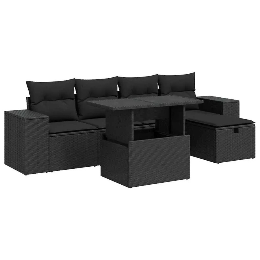 vidaXL 6-teiliges Garten-Sofagarnitur Set in L-Form aus Polyrattan mit Kissen in Schwarz - Bild 2