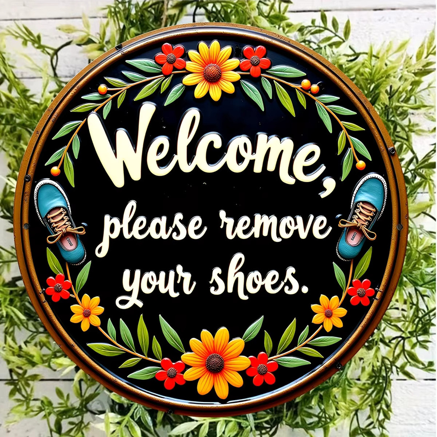 CIFBUY Rustikales Rundes Metall-Wandschild Bitte Entfernen Sie Ihre Schuhe in Schwarz mit Blumenmuster, Durchmesser: 20,32 cm - Bild 5