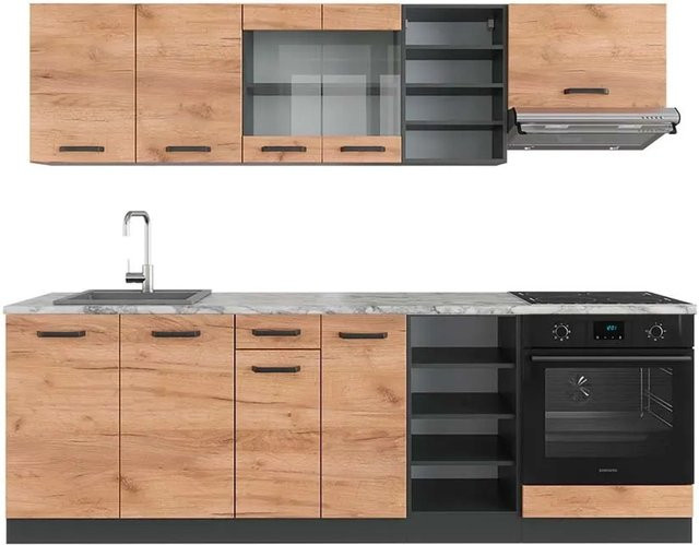 Vicco R-Line Küchenzeile Goldkraft Eiche Anthrazit mit Marmor Optik Breite: 240 cm - Bild 1