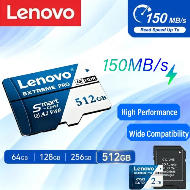 Lenovo TF SD Speicherkarte A2 microSD V60 Hochgeschwindigkeits-Flash-Karte für Handy, Computer und Drohne, 512GB, Blau - Bild 1
