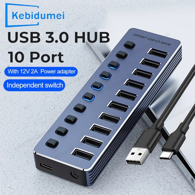 Kebidumei USB 3.0 Hub mit 10/7 Ports und Ein/Aus Schalter, Aluminium USB Splitter Erweiterungsstation in Silber für PC und Laptop inklusive 12 V Netzteil - Bild 1