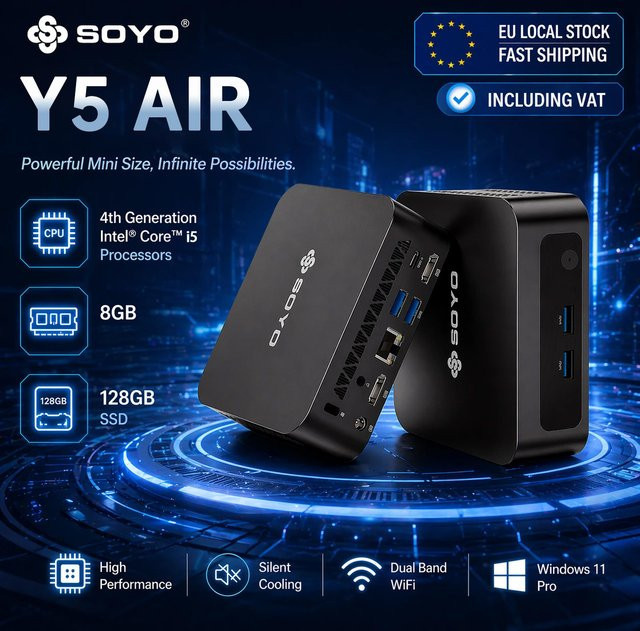 SOYO Y5 AIR Mini-PC mit Intel i5-4250U Prozessor, 8 GB RAM, 128 GB SSD, Windows 11 Pro, Bluetooth und Wi-Fi, Schwarz - Bild 1