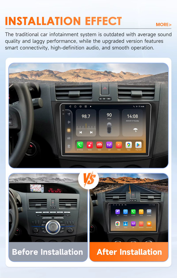 OSSURET Android 14 Autoradio für Mazda 3 (2010-2013) mit 9 Zoll Display, Snapdragon 6115 Octa-Core, GPS, Wireless CarPlay, Android Auto, DSP Audio und 4G WiFi in Schwarz - Bild 3