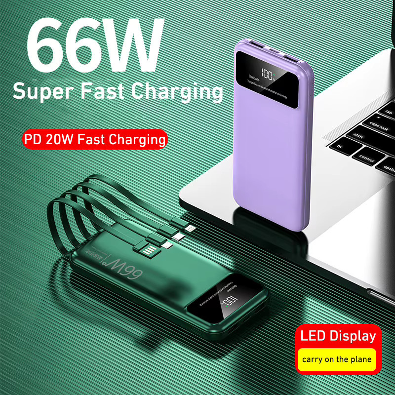Tragbare Digitale Powerbank mit 30000 mAh und 4 integrierten Kabeln, 66 W Super Schnellladefunktion, Farbe: Lila, kompatibel mit Xiaomi, iPhone und Samsung - Bild 3