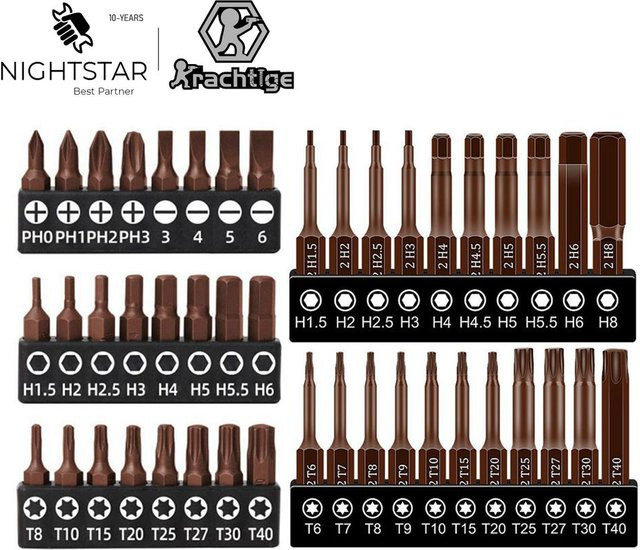 S2 Stahl Schraubendreher-Bits-Set für Ratschenschlüssel mit Phillips, Schlitz, Sechskant und Torx in Braun - Bild 1