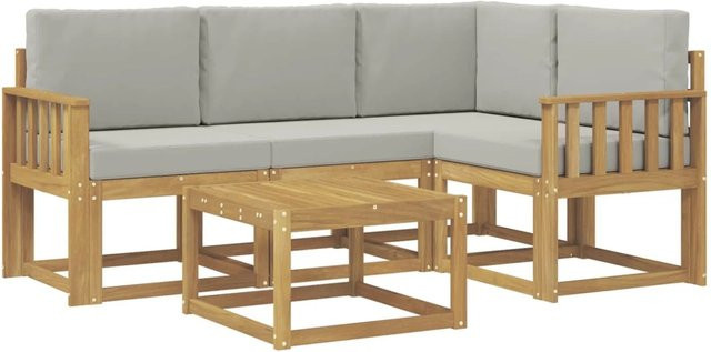 vidaXL Outdoor-Sofagarnitur 5-teilig in L-Form aus Akazienholz mit Polsterung in Weiß und Hellgrau, B/T/H: 59 x 59 x 37 cm - Bild 1