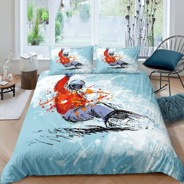 Binchi Fitness Bettwäsche Set Winter Ski Sportarten mit Hochgebirgslandschaft, Blau Weiß, B/H: 140 x 210 cm - Bild 1