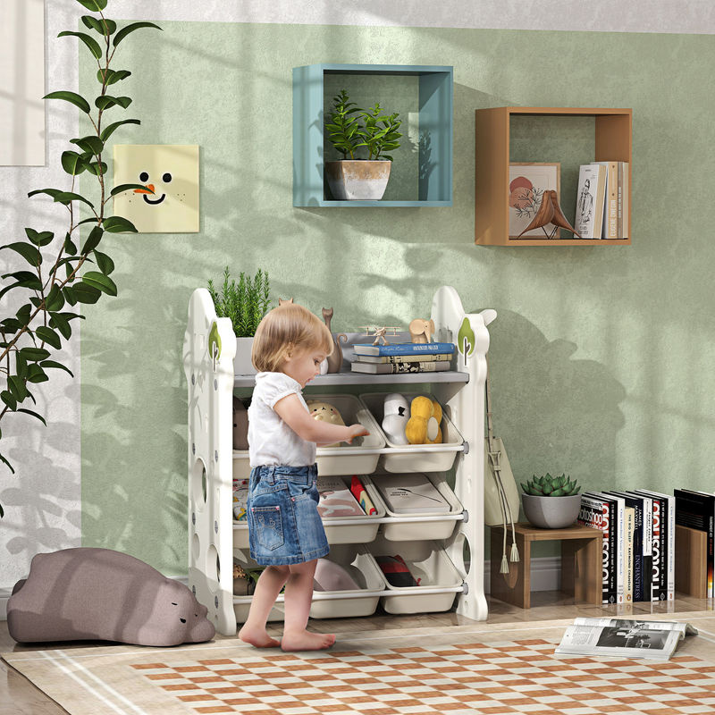 AIYAPLAY Kinderregal 4-stufiges Spielzeugregal mit 9 herausnehmbaren Boxen und Haken in Weiß, B/T/H: 77 x 42 x 94 cm - Bild 2