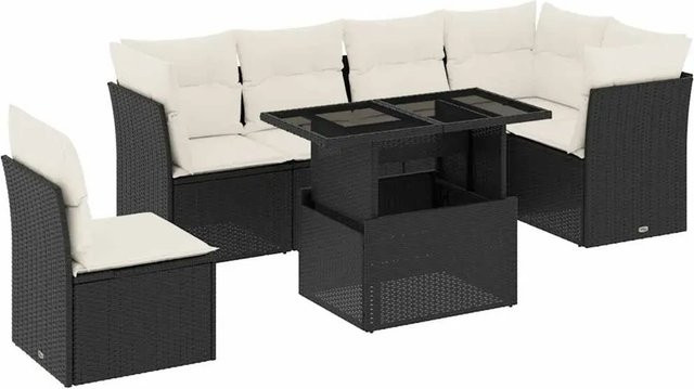 vidaXL 7-teilige Garten-Sofagarnitur in L-Form aus Poly-Rattan mit Kissen in Schwarz-Creme - Bild 1
