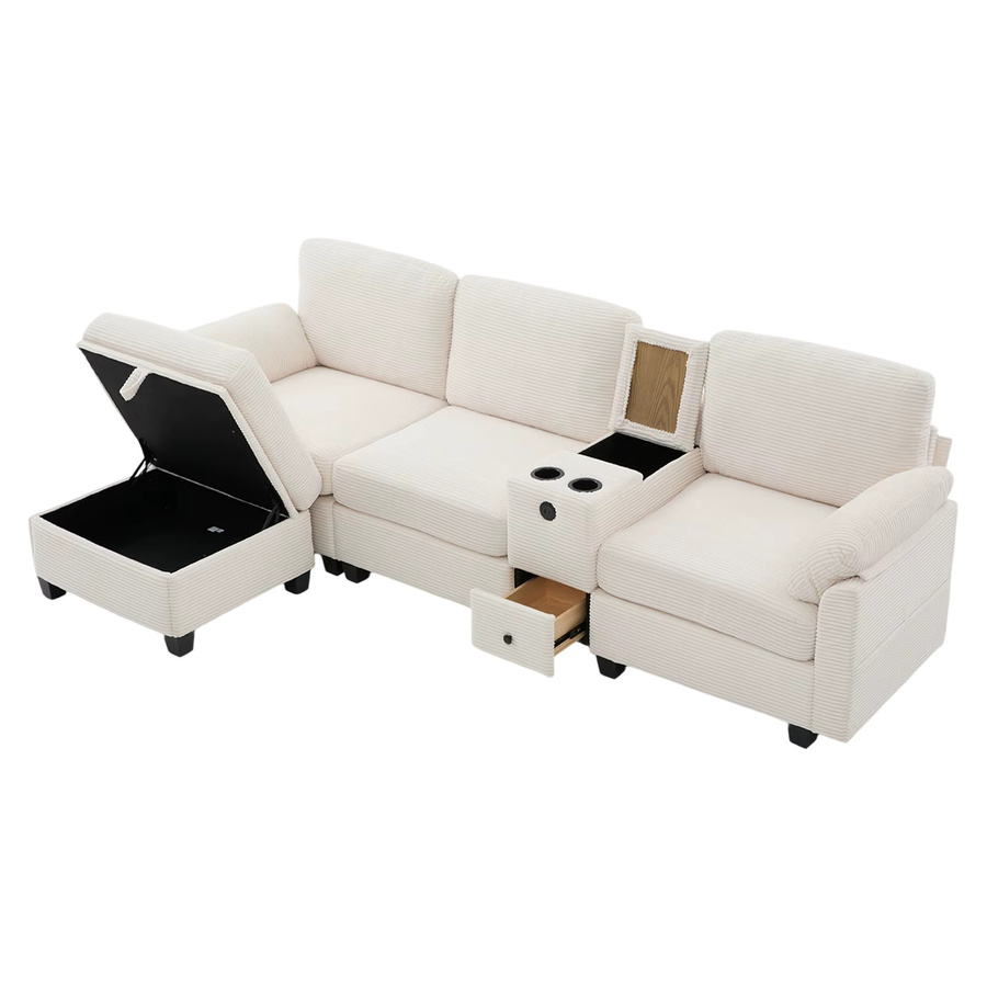 LVHOM Modernes Großes Cord-Sofa in Grau mit abnehmbarer Mittelkonsole, USB-Anschluss und seitlicher Aufbewahrungstasche - Bild 2