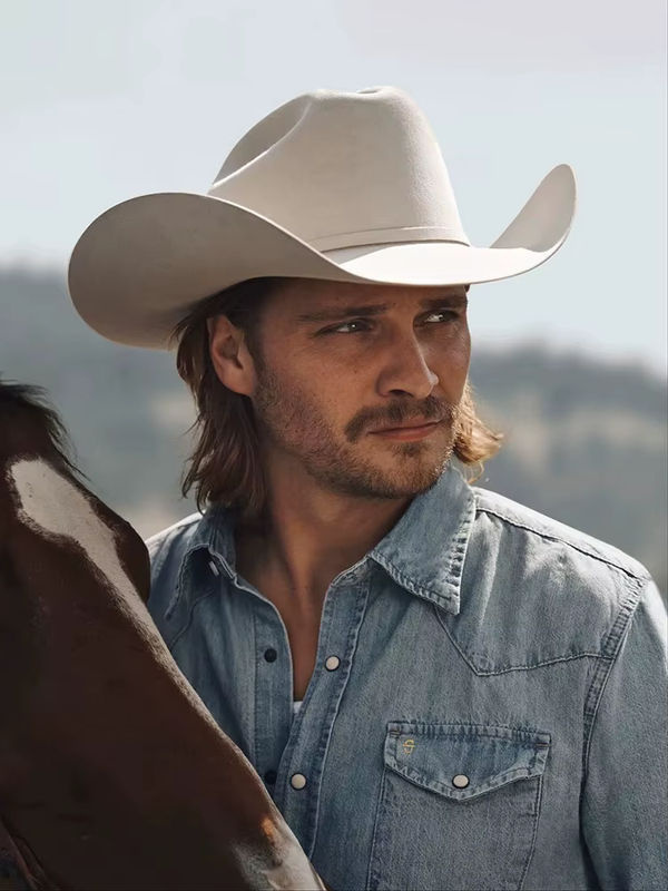 USPOP Cowboyhut aus 100 % Wollfilz mit Gürtelschnalle und breiter Krempe, Unisex Fedora für Herbst und Winter in Gelb oder Weiß - Bild 2