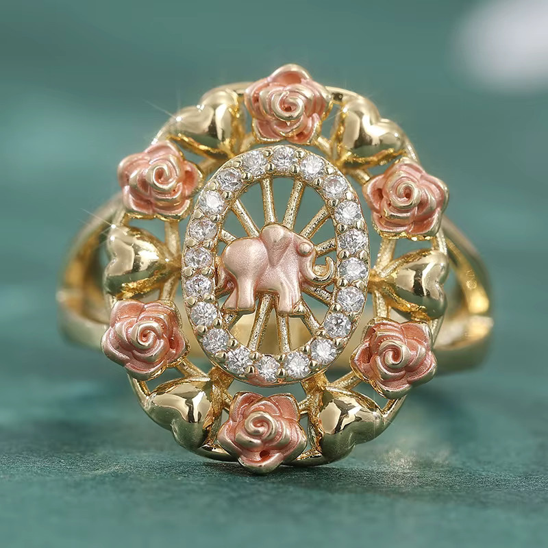 YoYo Ring, vergoldet, Elefanten- und Rosenmuster, Zirkonia, Damen - Bild 2