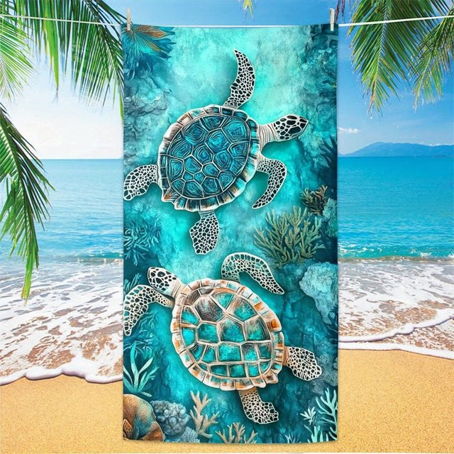 VIKAMA 3D-Strandtuch aus Mikrofaser mit Meeresmotiv in Blau, schnell trocknend, B/B: 140 x 70 cm - Bild 1