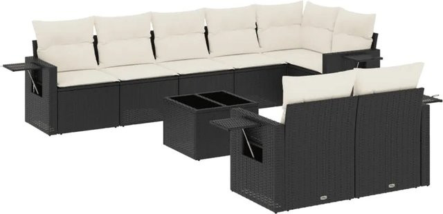 vidaXL 9-tlg Garten-Sofagarnitur in L-Form aus Poly-Rattan mit Kissen in Schwarz-Creme - Bild 1
