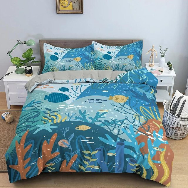 Bettwäsche Set Binchi Outdoor Product Unterwasser Welt mit Meer Tieren in Blau, Bettbezug und Kissenbezug aus Mikrofaser, B/B: 240 x 220 cm - Bild 1