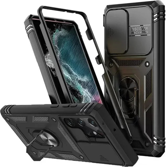 Robuste Samsung Schutzhülle mit Kamera-Schutz, 360-Grad-Drehung und Ständer in Schwarz für S25 S24 S23 Ultra Plus S24 FE A56 A36 A16 - Bild 1