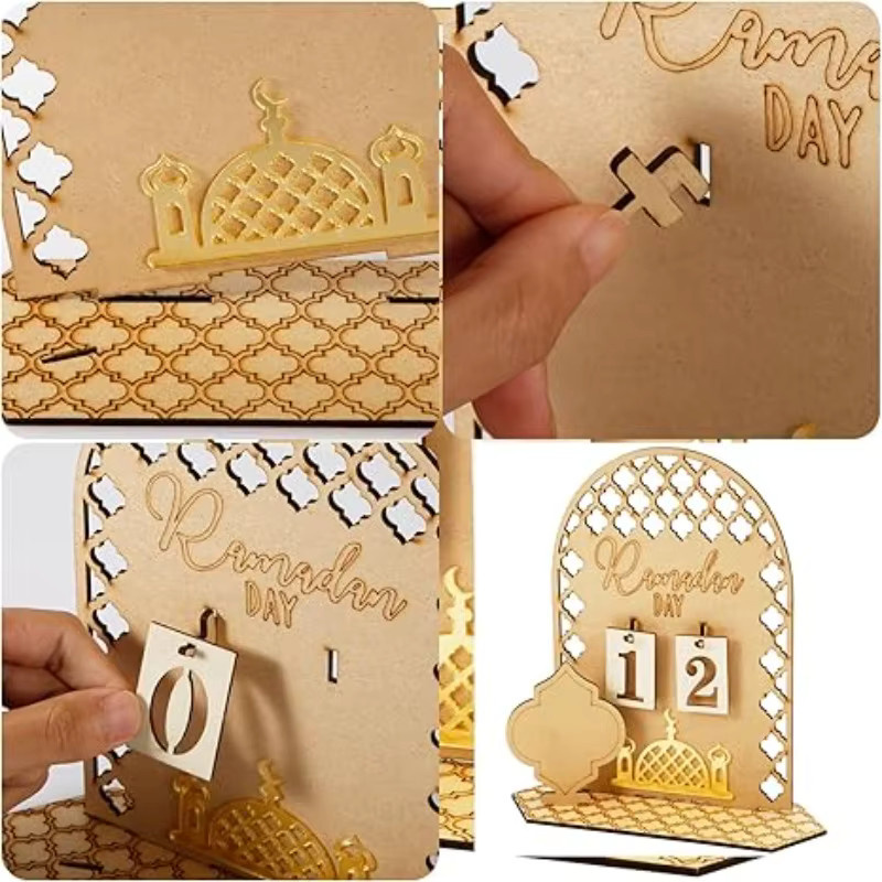 Eid Mubarak Countdown-Kalender aus Holz für Ramadan 2026, DIY Adventskalender und Tracker in Braun als islamische Dekoration für Kinder - Bild 3