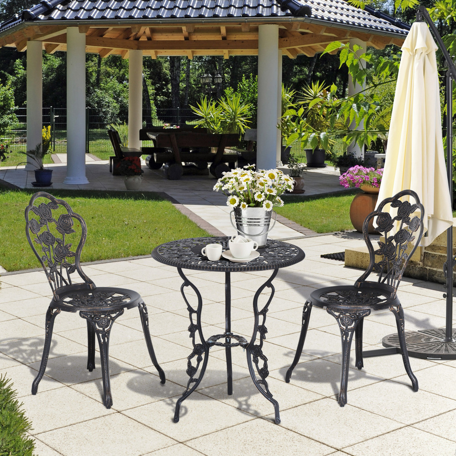 Outsunny 3-teiliges Bistro-Set aus Aluminiumguss in Bronze und Schwarz mit Tisch und Stühlen im Vintage-Design für Garten und Terrasse, B/T/H: 60 x 60 x 67 cm - Bild 2