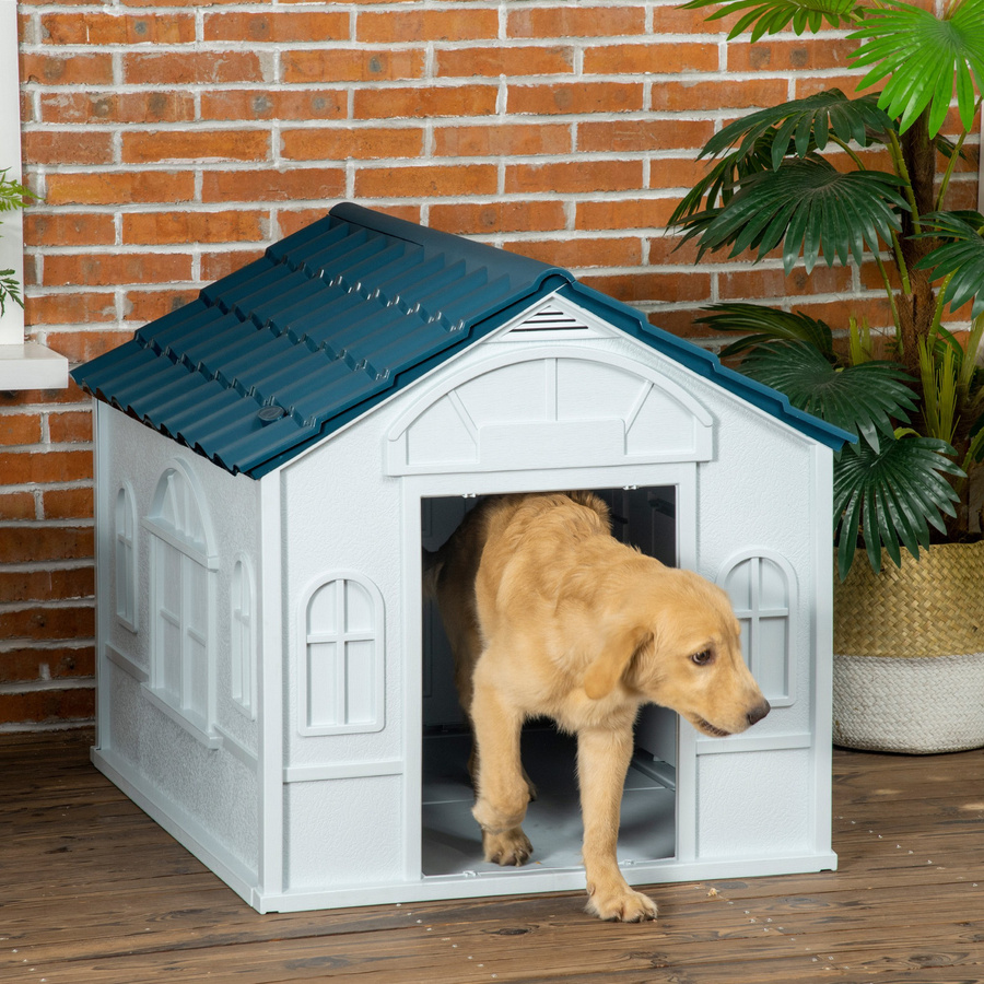 Aosom PawHut Hundehütte für draußen aus wetterfestem Kunststoff mit Schrägdach und Lüftungsöffnung, Blau, B: 98,2 cm, T: 84,2 cm, H: 82 cm - Bild 1