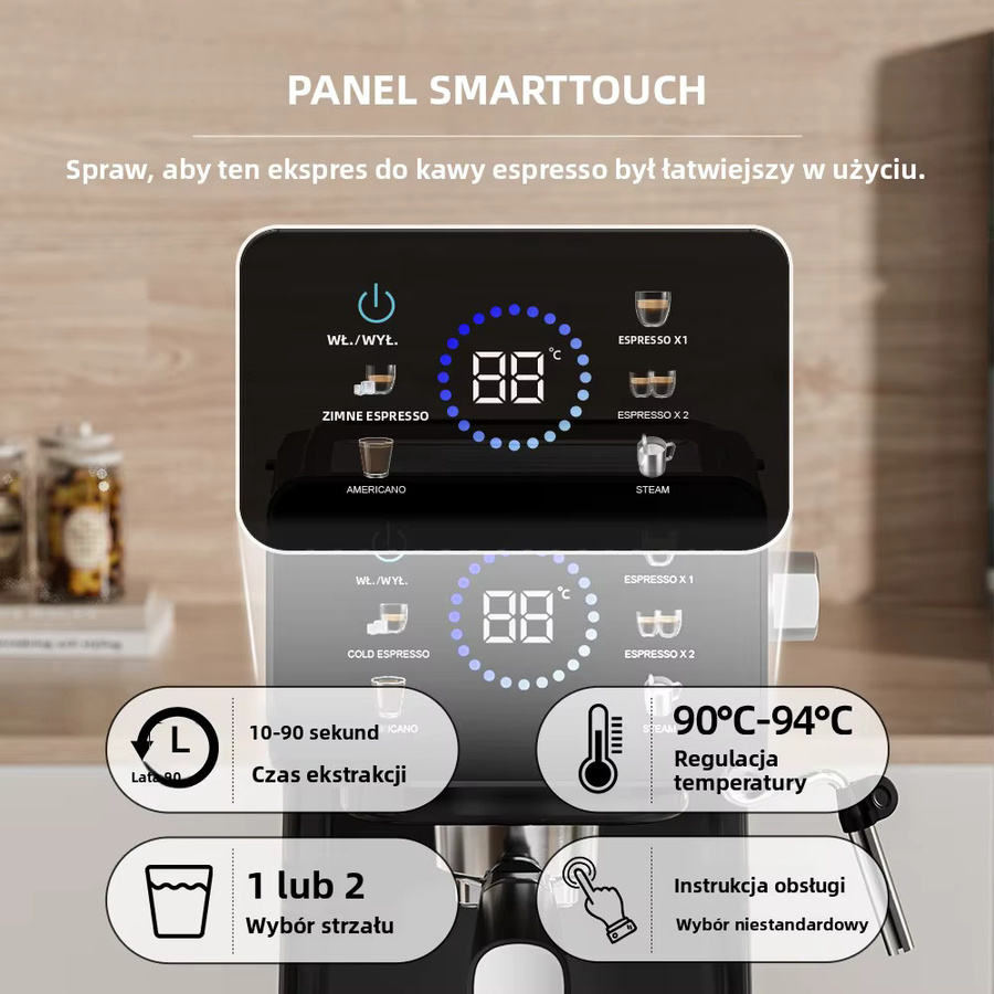 Aeomjk CM3171 halbautomatische Espressomaschine in Schwarz mit Touchscreen, Milchaufschäumer und 1,5 l Wassertank - Bild 2