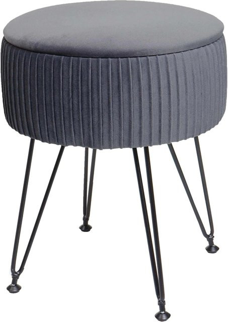 Sitzhocker MCW K47 mit integriertem Staufach in Hellgrau und Samt-Optik, Durchmesser: 33 cm, Höhe: 42 cm, Gestell Schwarz - Bild 1