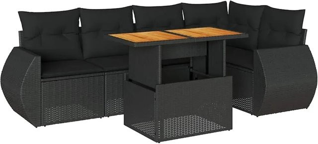 vidaXL 6-teilige Garten-Sofagarnitur in L-Form aus Polyrattan und Akazienholz mit Kissen, Schwarz - Bild 1