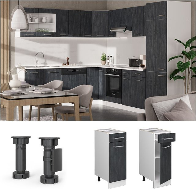 Vicco R-Line Küchenunterschrank mit Schubladen und Arbeitsplatte in Schwarz Beton und Eiche, B/T/H: 30 x 30 x 30 cm - Bild 1
