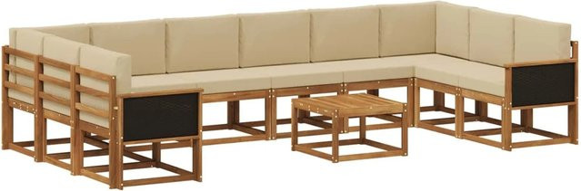 vidaXL Outdoor-Sofagarnitur aus Massivholz Akazie in Natur und Beige, 11-teiliges L-Shape Set mit Polstern und Armlehnen - Bild 1