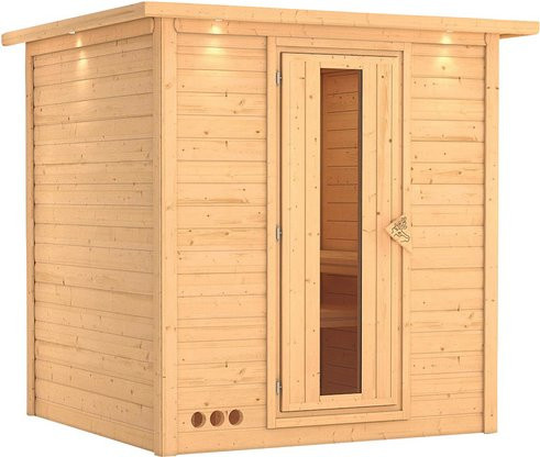 Karibu Sauna Sindi für 4 Personen aus Fichte in Beige/Braun ohne Ofen B: 221 cm, T: 198 cm, H: 212 cm - Bild 1