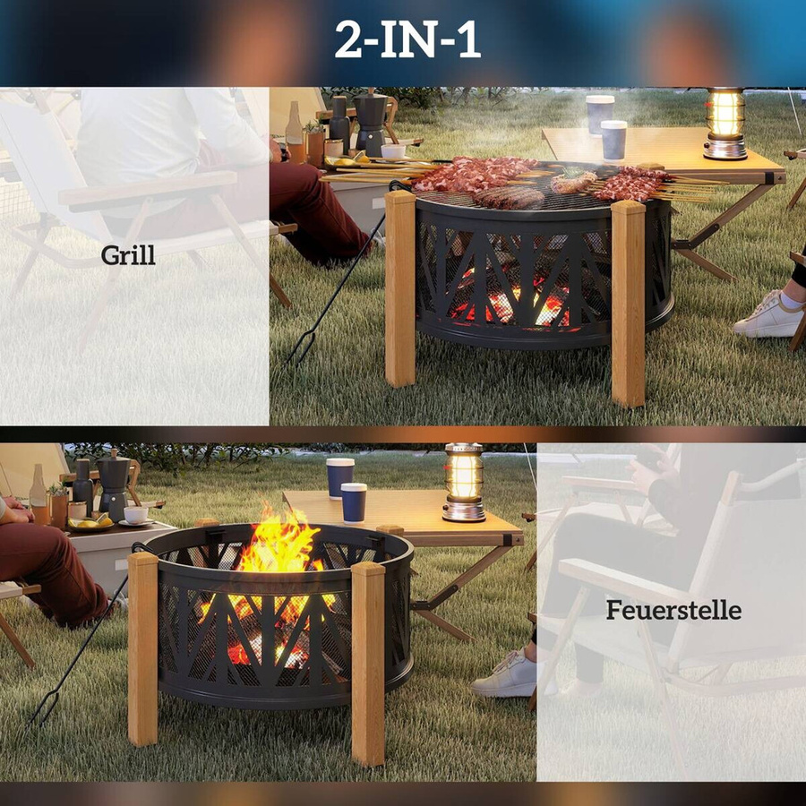 Outsunny 2-in-1 Feuerschale mit Grillrost und Funkenschutz in Schwarz und Braun, Durchmesser: 75 cm, Höhe: 58 cm - Bild 6