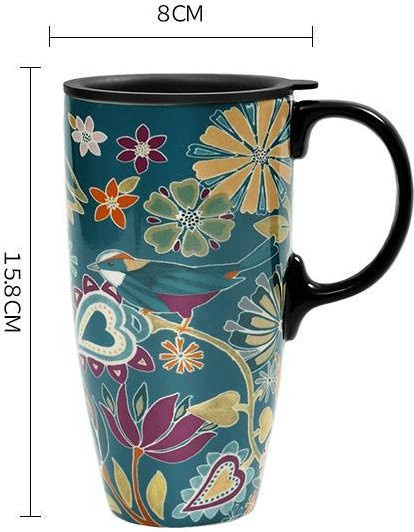 Fanda Keramikbecher mit Deckel und floralem Blumendruck, Mehrfarbig, 500 ml - Bild 1