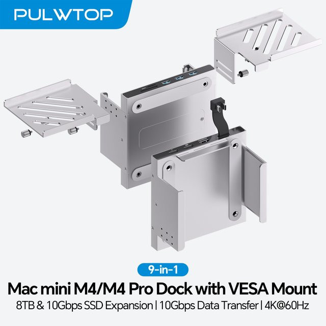 PULWTOP Mac Mini M4 Hub mit NVMe SSD-Gehäuse, HDMI 4K@60Hz und USB-A 10Gbps, Metallhalterung für Monitor, Schreibtisch und VESA-Anschluss, Silber - Bild 1
