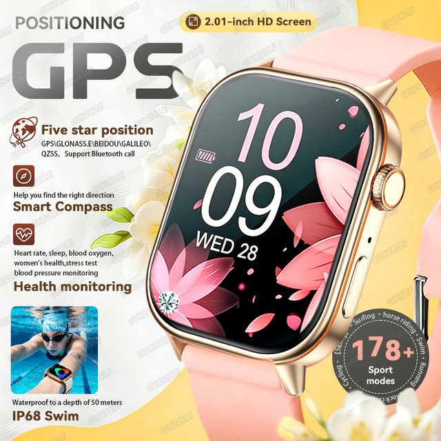 GUHUAVMI Smartwatch für Damen mit GPS, Bluetooth-Anruf-Funktion und 5 ATM Wasserdichtigkeit, Schwarz oder Pink - Bild 1
