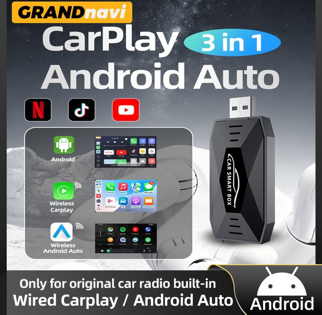 Grandnavi 3-in-1 AI Box mit Android 15, Wireless CarPlay und Android Auto USB-Adapter für YouTube und Netflix, Schwarz - Bild 1