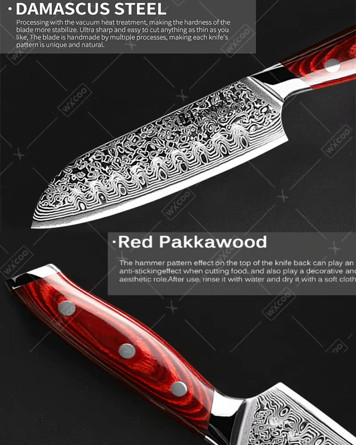 TAMZUO Santoku Messer aus Damaststahl, handgeschmiedetes japanisches Allzweckmesser mit Holzgriff, Mehrfarbig, Länge: 12,7 cm - Bild 4