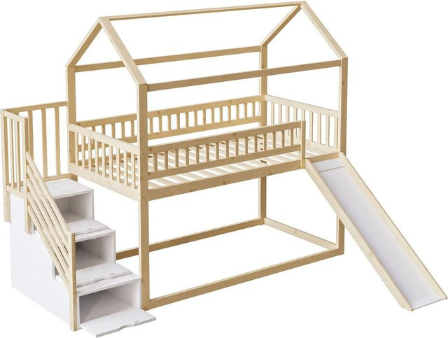 Merax Kinderhochbett mit Rutsche und Treppe in Holzoptik und Weiß, B/T/H: 200 x 90 x 150 cm - Bild 1