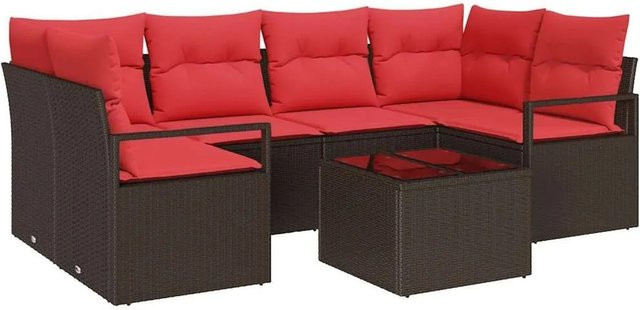 vidaXL 7-teiliges Lounge-Sofa Set aus Poly Rattan in Braun und Rot mit Kissen und Tisch - Bild 1