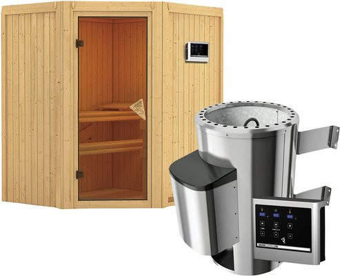 Karibu Sauna Tuckum aus Fichtenholz in Beige inklusive 3.6 kW Saunaofen mit externer Steuerung für 3 Personen, B/T/H: 198 x 151 x 170 cm - Bild 1