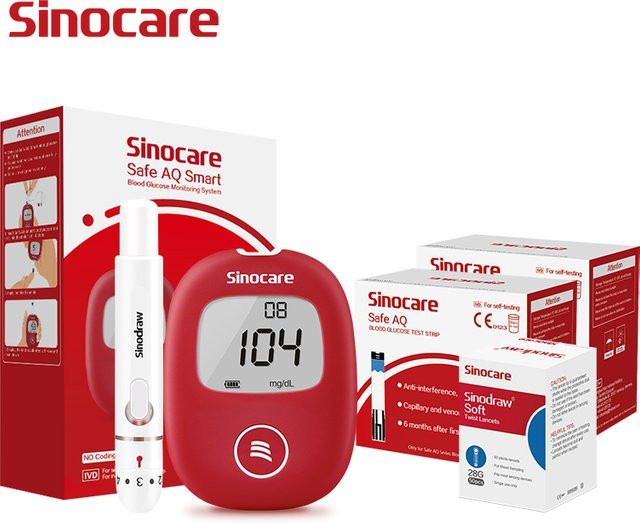 Sinocare Blutzuckermessgerät Safe AQ Smart Glukometer-Set in Rot mit Teststreifen und Lanzetten für schmerzfreie Blutzuckertests - Bild 1