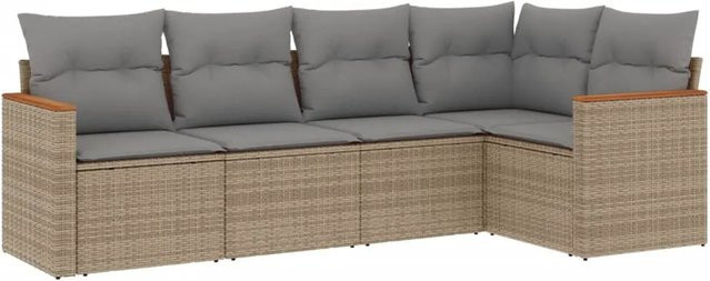 vidaXL 5-tlg Garten-Sofagarnitur in L-Form aus Poly-Rattan und Akazienholz mit Kissen in Beige - Bild 1