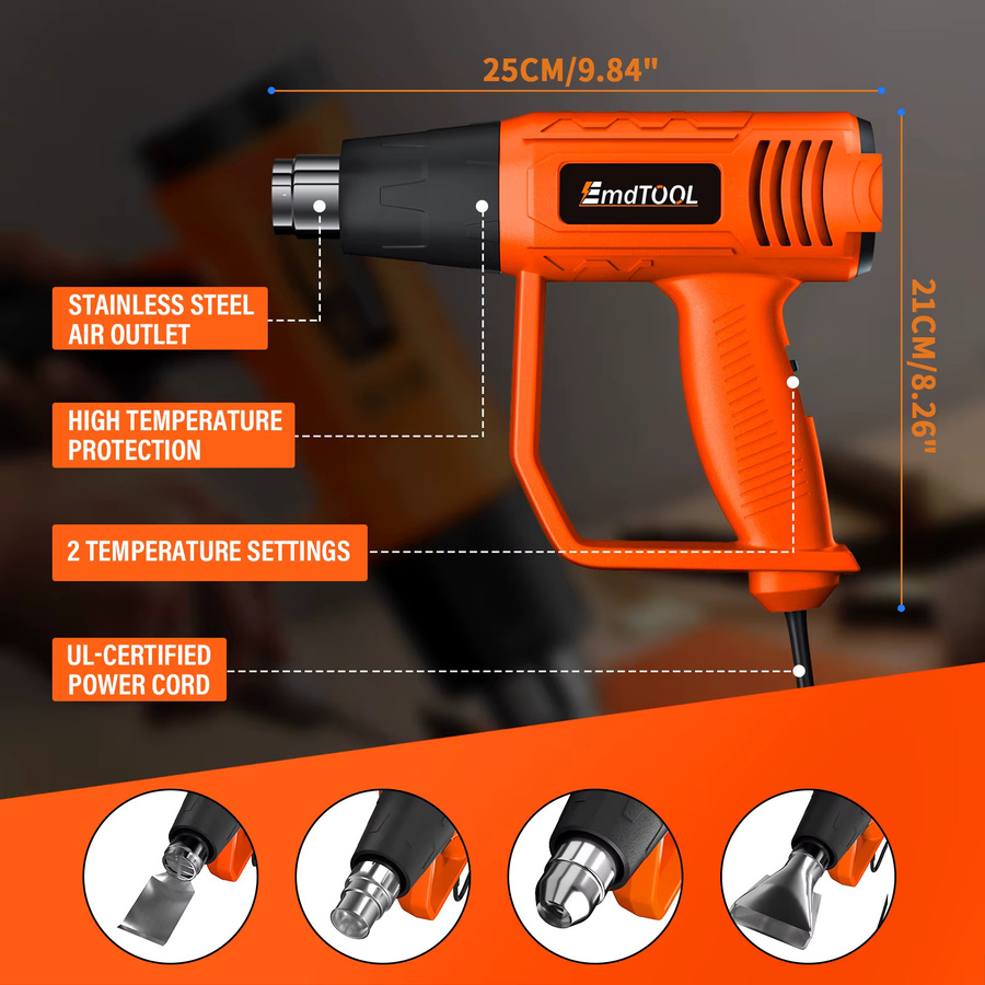 Heißluftpistole Set mit 2000W und variabler Temperatur 300 °C bis 600 °C in Orange inklusive 4 Düsen zum Trocknen und Schrumpfen - Bild 7