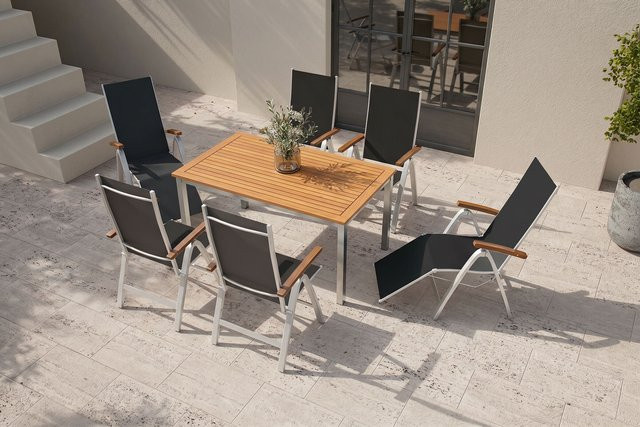 Villana Garten-Essgruppe aus Aluminium und Eukalyptus in Silber/Natural für 6 Personen, Tisch B: 150 cm, T: 90 cm - Bild 1
