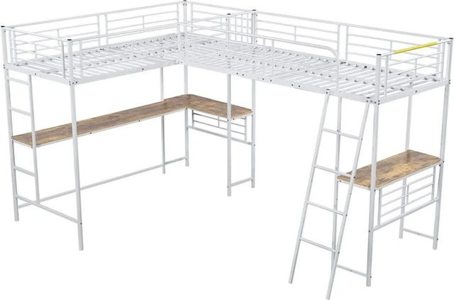 KOMHTOM Hochbett für Kinder mit Tisch und Doppeltreppe, Metall, Weiß, B/T/H: 205,2 x 90 x 170 cm - Bild 1