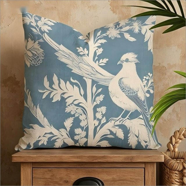JMG Clothing Dekorative Kissenhülle Toile de Jouy mit Vogel- und Blumenmuster in Blau, B/B: 45 x 45 cm - Bild 1