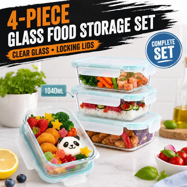 Saeiv 4-teiliges Glas-Aufbewahrungsbehälter-Set mit Deckeln, transparent, 1040 ml pro Behälter, mikrowellen-, gefrier- und spülmaschinenfest - Bild 1