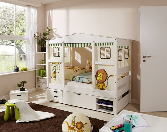 TICAA Hausbett MINI Safari Var 3 aus Kiefernholz mit 3er Funktionsschubkasten, B/T: 90 x 200 cm