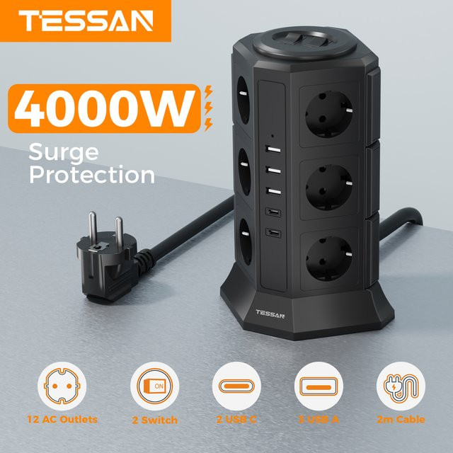 TESSAN Tower-Steckdosenleiste in Schwarz mit Mehrfachsteckdosen, 3 USB-Anschlüssen, 2 Typ-C-Anschlüssen und 2m Verlängerungskabel mit Überspannungsschutz - Bild 1