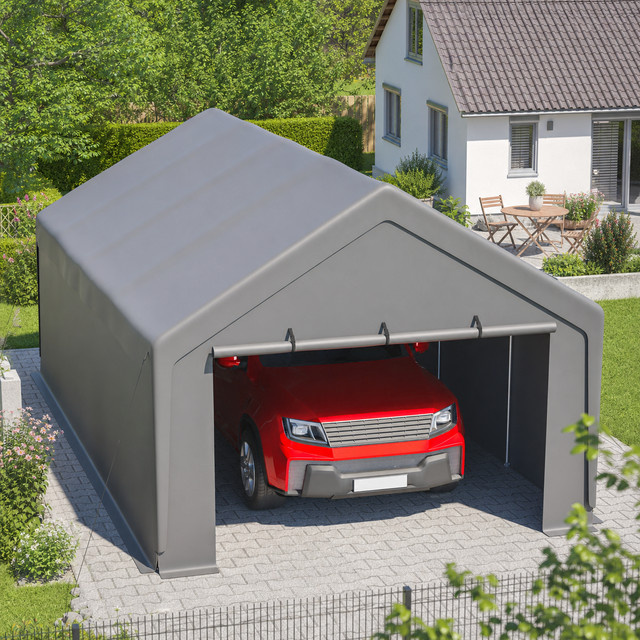 THANADDO Carport aus verzinktem Stahl mit PE-Abdeckung in Grau, tragbarer Garagenunterstand mit Giebeldach, wind- und UV-beständig - Bild 1